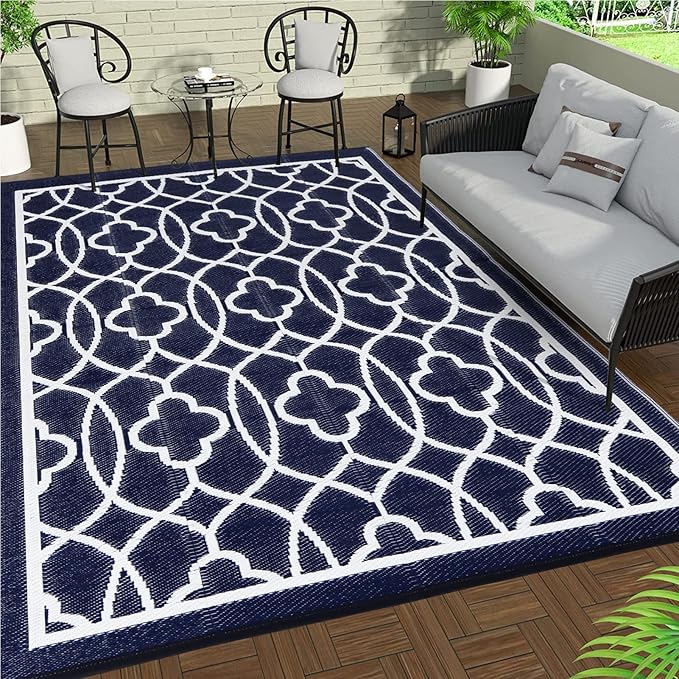 Pendolr 5’x8’ Outdoor Rug Waterproof Carpet Patio Outdoor Plastic Straw Rug Camping Rug Reversible Outside Outdoor Area Rug for Balcony Deck Backyard RV Picnic Beach Navy&White 01#