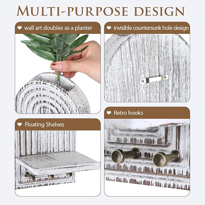 3-in-1 Wooden Wall Organizer - Planter Vase + Candle Sconces + Hooks (No Dried Flower)- Farmhouse Hanging Decor Boho Wall Art for Indoor Plants Artificial Eucalyptus for Living Room Bedroom Washwhite