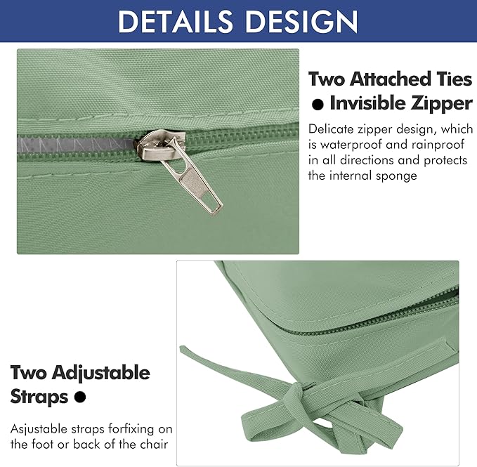 Outdoor Chair Cushions 19 x 19 Inch Water Resistant Patio Chair Cushions with Tie 3 Year Color Fastness Thick Outdoor Seat Cushion for Garden Lawn Patio Furniture Sage Green Set of 2