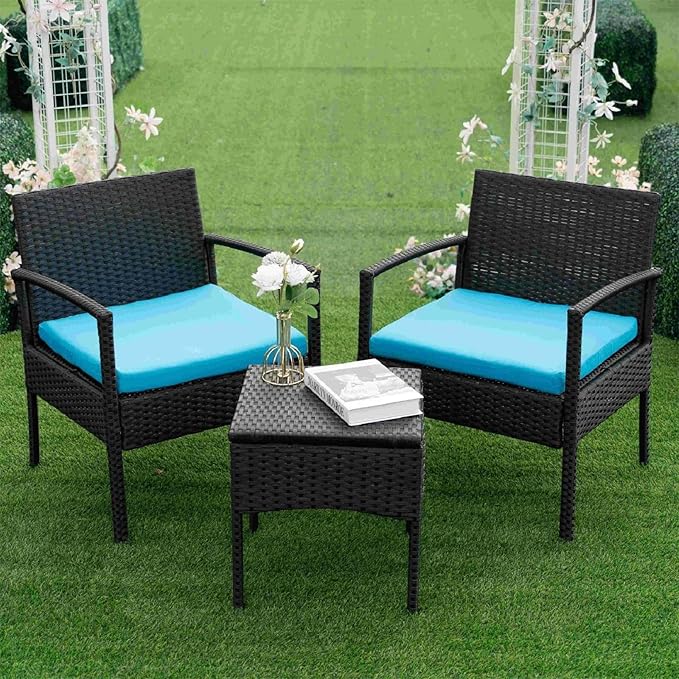 PROHIKER Patio Porch Furniture Set, 3 PCS Outdoor Patio Furniture with Rattan Chairs, Table, Blue Cushions for Garden Porch Balcony Yard
