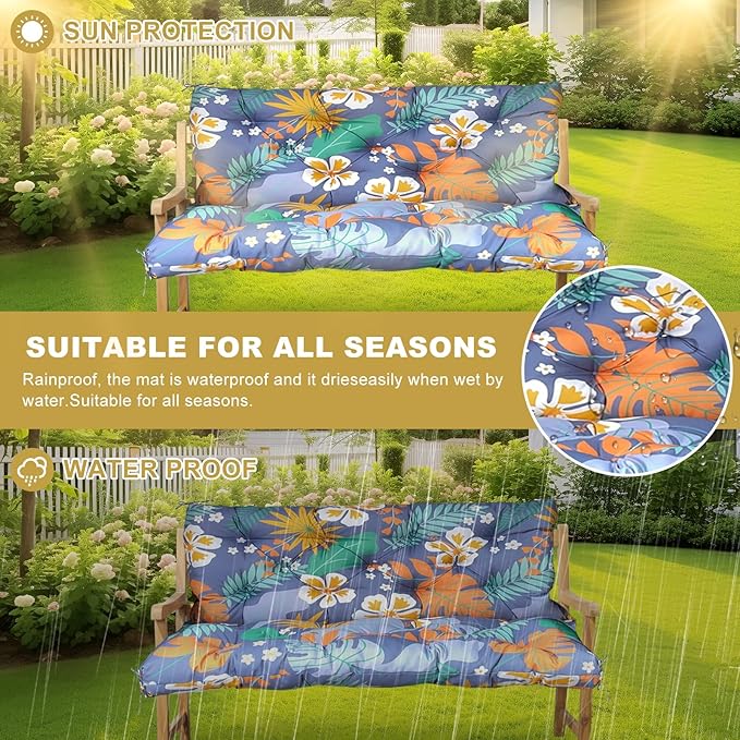 60" Porch Swing Cushion with Backrest, Waterproof Outdoor Bench Swing Cushions 3 Seater Replacement Thickened Swing Cushions with Ties for Patio Garden Backyard,Flower,60x40in