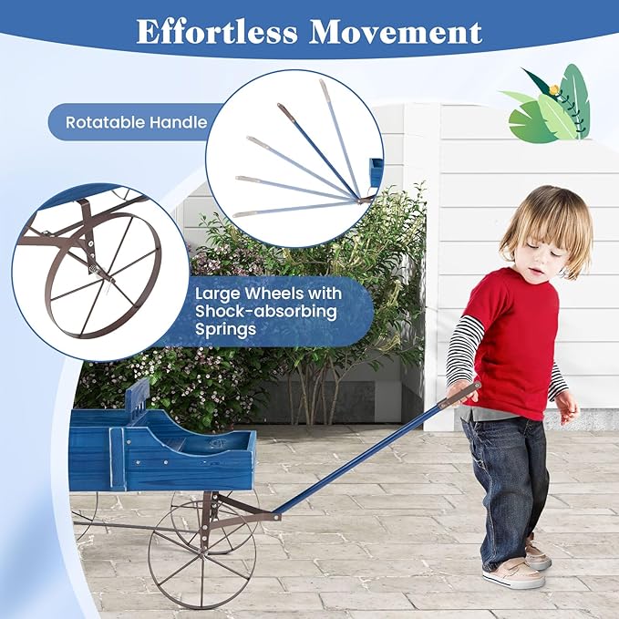 Wooden Wagon Planter with Wheels, Indoor/Outdoor Flower Cart w/Dual-Compartment & Adjustable Handle, Decorative Garden Planter for Home, Yard, Wedding (Blue)