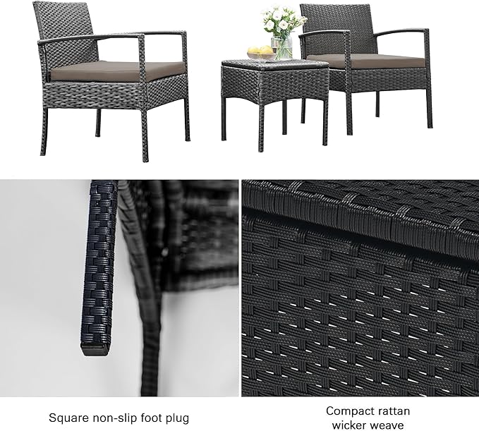 PROHIKER 3 PCS Patio Rattan Conversation Chairs Set, Outdoor Patio Furniture Balcony Furniture Set, Wicker Patio Bistro Set for Garden Porch Balcony Yard, Brown