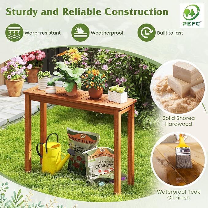 Plant Stand, Outdoor Wooden Planter Pot Holder with Teak Oil Finish & Slatted Top, Garden Planter Bench, Plant Display Rack for Porch, Backyard, Entryway