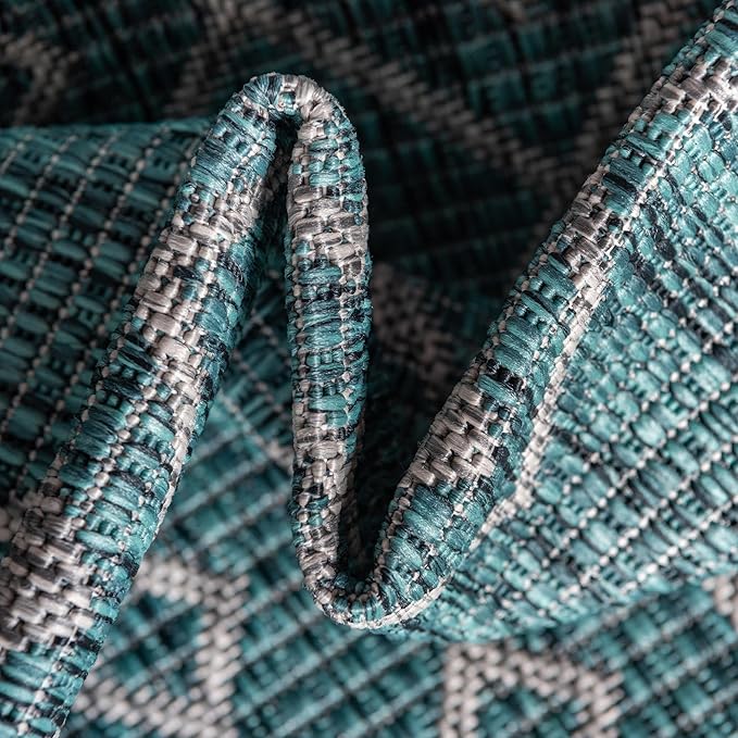 Unique Loom Outdoor Trellis Collection Area Rug - Tribal Trellis (7' 10" Square, Teal/ Ivory)