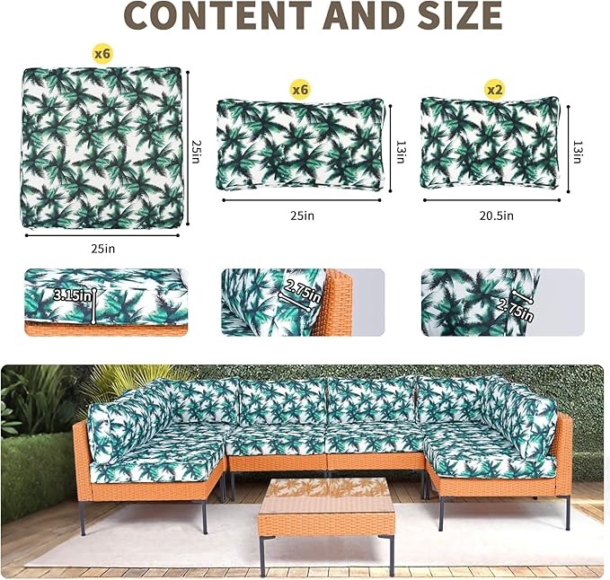 14Piece Outdoor Sofa Cushion Replacement, Patio Furniture Waterproof Cushion with Zippers, fit 6-Seat Outdoor Wicker Rattan Sectional Couch (Palm Leaf, 24.8"x24.8"x3.15")