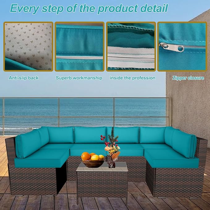 14 Piece Outdoor Patio Cushion Cover Replacement, Waterproof Patio Cushion Covers, Outdoor Furniture Cushion Covers Set for 6 Seat Wicker Rattan Sofa (Turquoise)