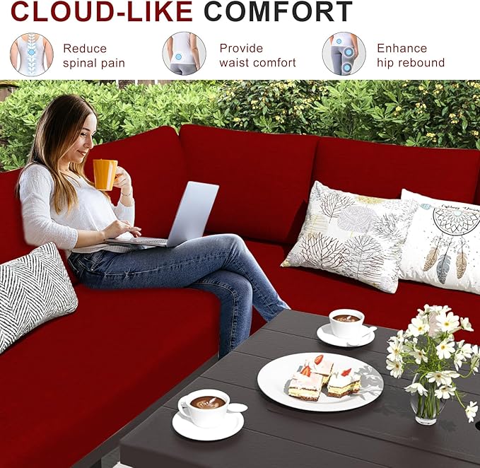Patio Sectional Cushions, 14-Piece Replacement Cushions for Outdoor Furniture, Water-Resistant Outdoor Sofa Cushion for 6-Seat Rattan Wicker Sectional Conversation Sets (Red)