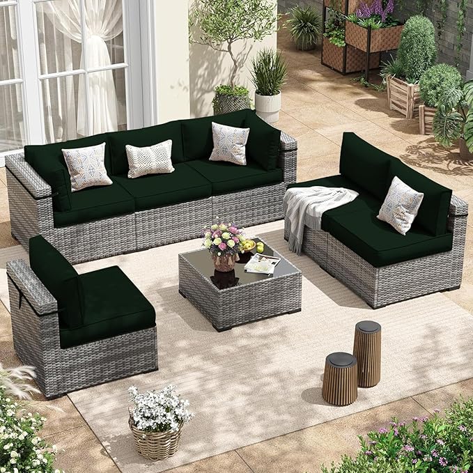 Patio Sectional Cushions, 14-Piece Replacement Cushions for Outdoor Furniture, Water-Resistant Outdoor Sofa Cushion for 6-Seat Rattan Wicker Sectional Conversation Sets (Dark Green)