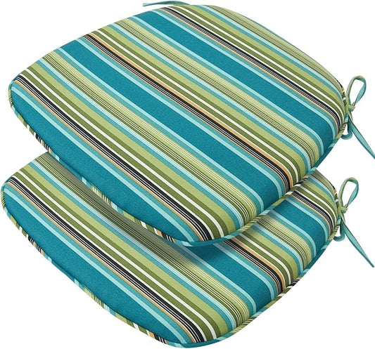 Outdoor Chair Cushions Set of 2,Patio Seat Cushion 17"x16"x2",U-Shaped Dining Chair Cushion 17 by 16 Inch,Water Resistant,Fade-Resistant Chair Pads for Kitchen Garden Furniture(Green Stripe)