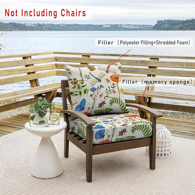 All Smiles Outdoor Chair Cushions for Patio Furniture Set of 24X24 Inch Deep Seat Waterproof Resistant with Removable Cover Garden Flowers Farmhouse Decorative Cushions for Seat Yard Garden Deck