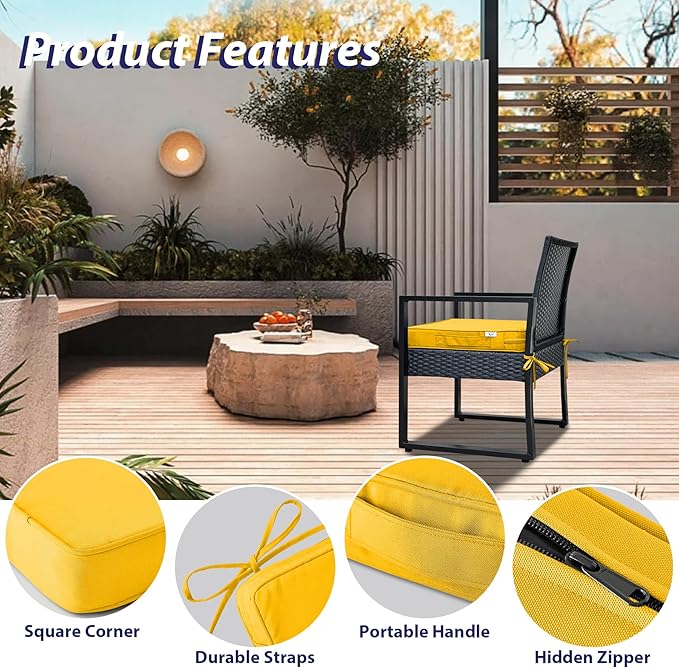 Outdoor Chair Cushions Set of 4,Waterproof Outdoor Seat Cushions for Patio Furniture,Patio Chair Cushion with Handle and Ties, Square Out Door Chair Pads,17" x 16" x 2", Yellow