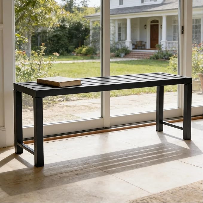 46" Outdoor Metal Backless Bench, All-Weather Patio Garden Bench for Backyard, Porch, or Lawn, Durable Steel Bench for Outdoor Spaces, Black