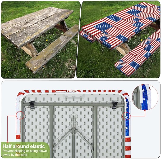 Picnic Table Cover with Bench Covers Camping Essentials Waterproof Windproof Camping Tablecloth with Drawstring Bag, Fitted Rectangle Tables and Seats, 96in, Red Blue White