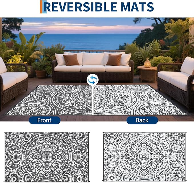 9x12 Outdoor Rug Waterproof Foldable Plastic Straw Carpet for Patio Porch Boho Floral Reversible Mat Lightweight Floor Mat for Picnic, Backyard, Rv, Beach, Deck, Camper, Balcony，Grey/White