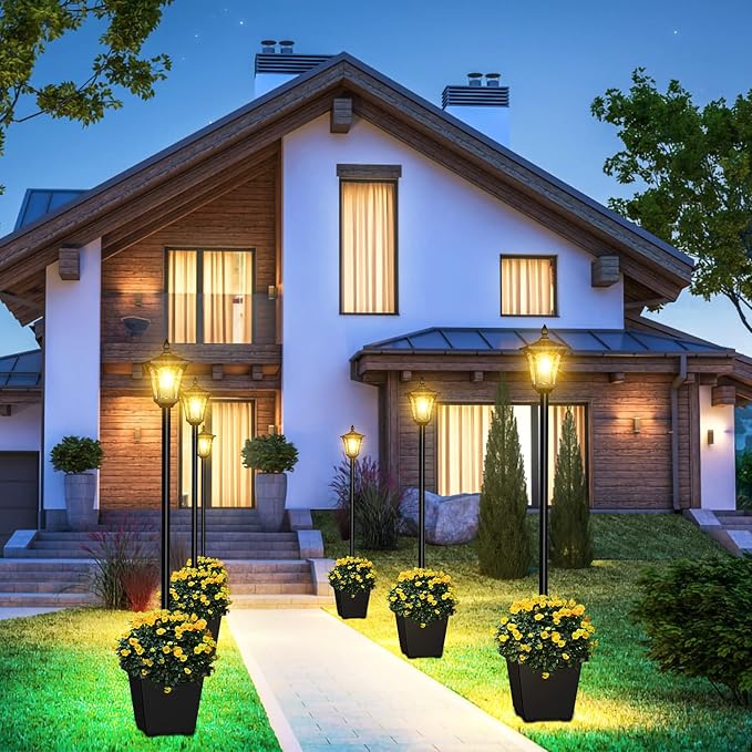 64 Inch Solar Lamp Post Light with Planter, 60 High Lumens Street Light, Solar Post Lights Waterproof for Garden, Pathway, Lawn, Driveway, Front Back Door Outdoor Pole Lamp（Warm）