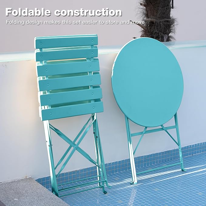 3 Piece Bistro Set, Folding Patio Furniture Set, Outdoor Table and Chairs Set for Patio, Garden, Balcony and Poolside，Peacock Blue