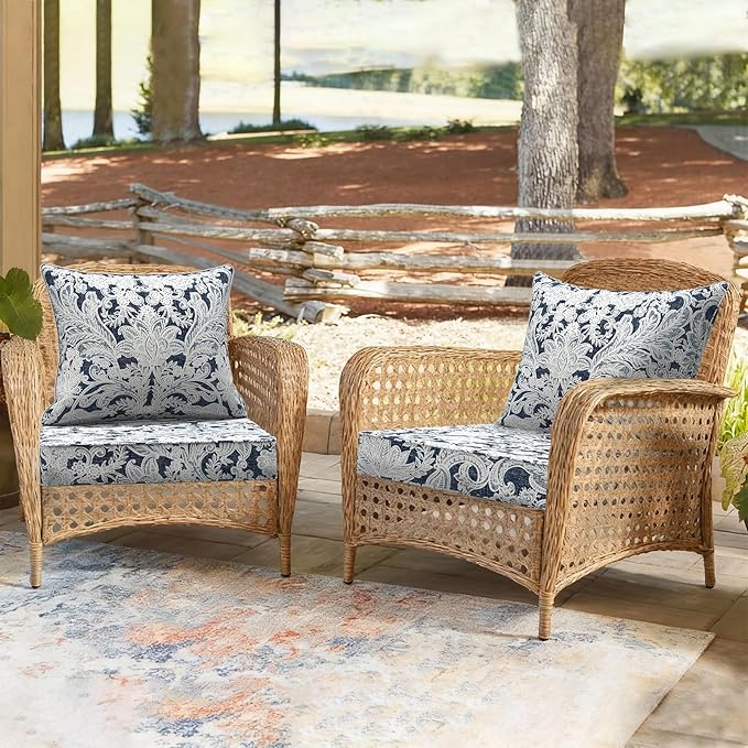 Outdoor Deep Seat Cushion Set, Water Repellent 24"x24" Patio Thick Cushions Replacement with Seat & Back Pillow for Patio Sofa, Wicker Chair, Couch - Damask Lapis