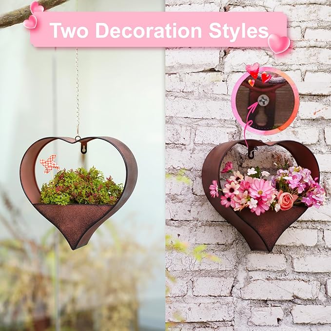 Metal Plant Hangers Indoor and Outdoor: Valentines Day Gifts for Her Wife Women Mom Garden Lovers Birthday - Heart Shape Hanging Planters for Window Wall Living Room Office Decor(Rustic)