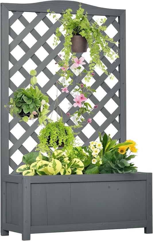 Outsunny Wooden Raised Garden Bed with Trellis, 46" Planter Box, to Grow Vegetables, Herbs, and Flowers for Backyard, Patio, Gray