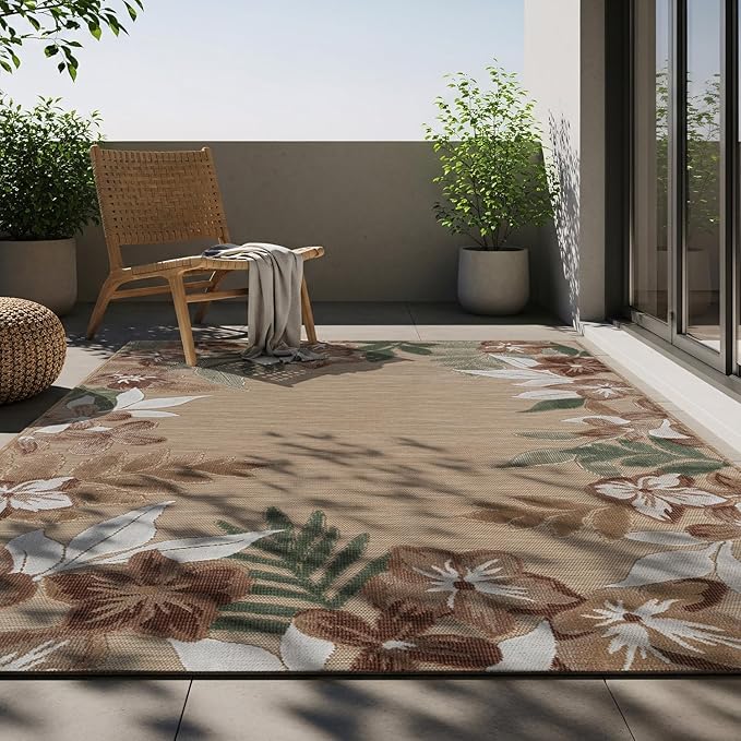 Outdoor Rug 5x7 Washable Area Rugs Indoor Outdoor Carpets Beige Border Floral Non Shedding Waterproof Easy Clean Patio Deck Porch Living Room Bedroom Garden RV (5 X 7 Beige)