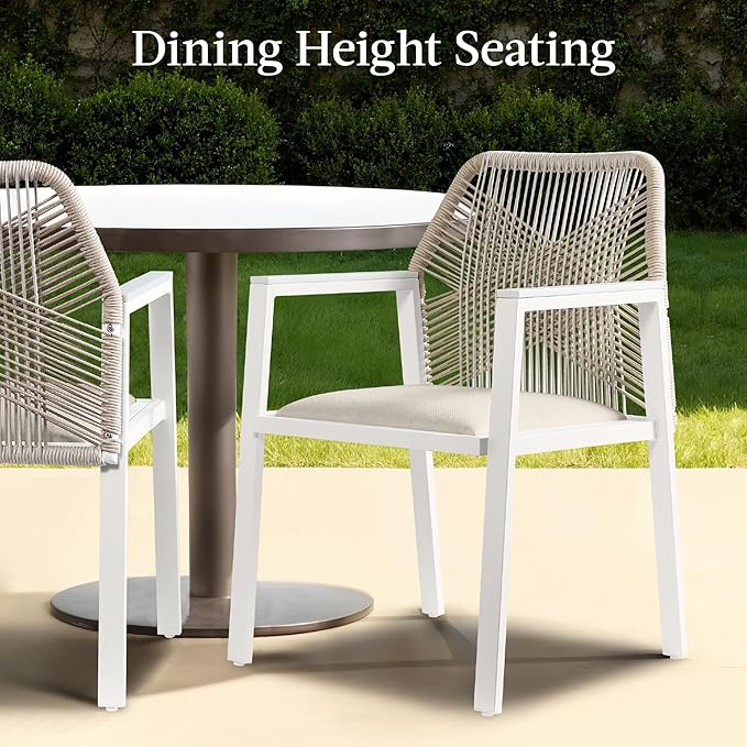 Best Choice Products Outdoor Dining Arm Chair Set of 2, Aluminum Frame with Armrest, All-Weather Woven Rope Chair Design - White/Alpine