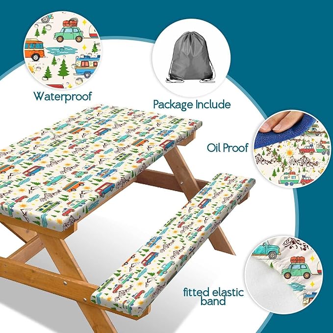Picnic Table Cover with Bench Covers Reusable Table Cover for Camping with Elastic Outdoor Windproof Waterproof Fabric Rectangle Fitted Tablecloth and Seat Covers with Drawstring Bag, 72In 3PCS