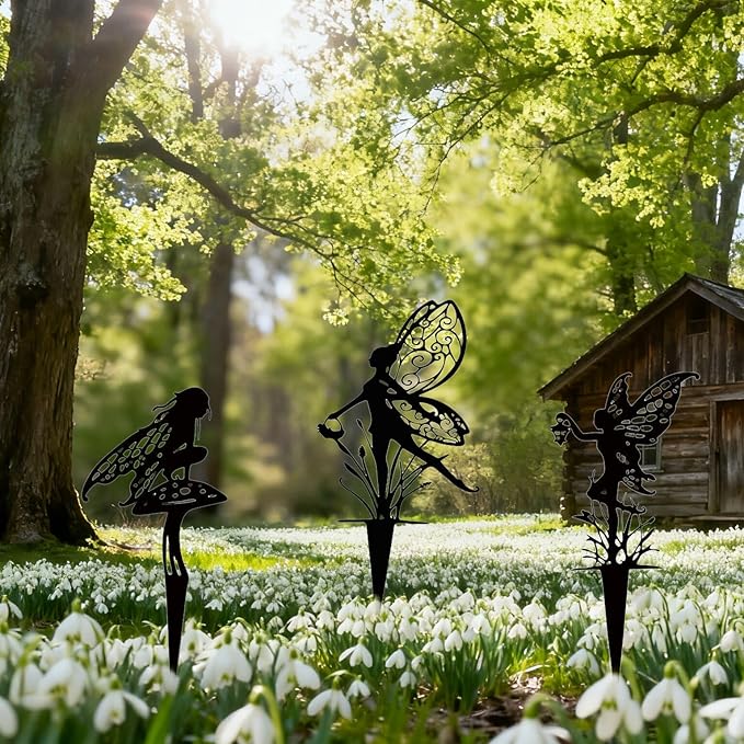 3-Piece Set Garden Fairy Metal Dancing Dandelion Flower Sculptures,Outdoor Decorative Stakes for Yard, Lawn, Flower Bed, Flower Pot (Style A)
