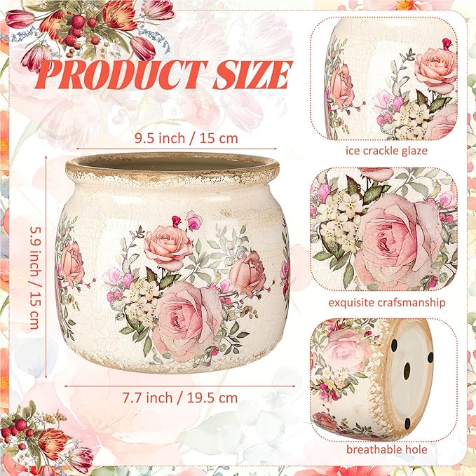 7.7" Large Ceramic Plant Pot Beige Pink Vintage Rose Crackle Glaze Rustic Flowers Pot Decorative Planter with Drainage for Indoor Outdoor Plants Home Kitchen Office Decor Gift
