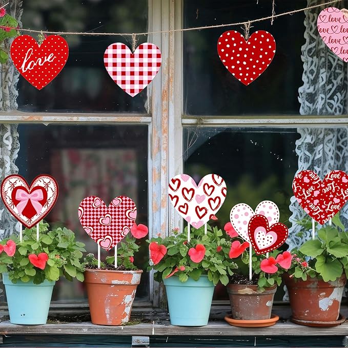 12 Pcs Valentine's Day Heart Yard Signs 14.6 Inch Love Heart Yard Stakes Red Pink Valentines Outdoor Decoration for Valentine's Day Anniversary Outdoor Front Door Lawn Patio Garden