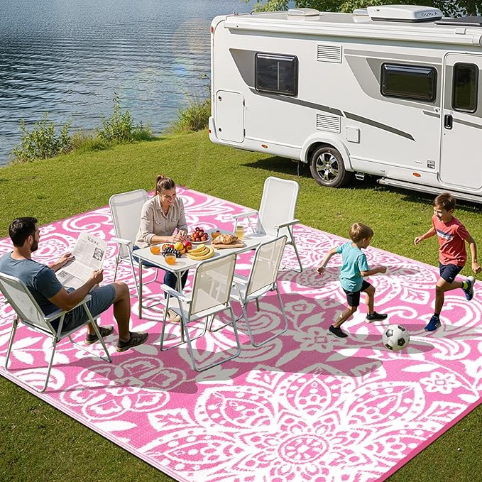 Findosom Waterproof Outdoor Rug 6' x 9' - Reversible Mandala Outdoor Plastic Straw Rug, Durable Foldable Patio Rug for RV, Deck, Balcony, Backyard, Picnic, Porch, Camping, Beach, Pink