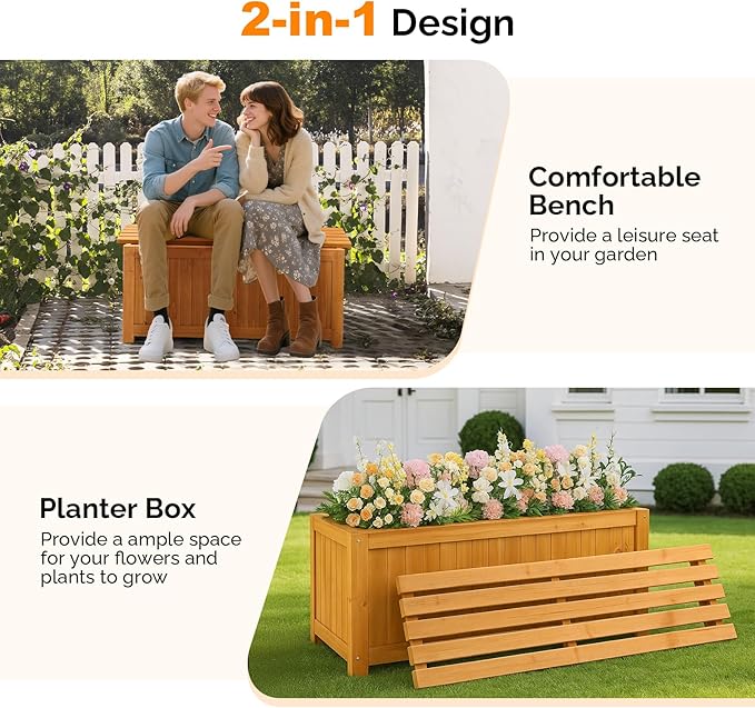 VINGLI Outdoor Wood Bench with Planter Boxes, 2-in-1 All-Weather Porch Bench Seat ＆ Open-Ended Wooden Raised Garden Bed, for Balcony Yard Patio (Rectangle)