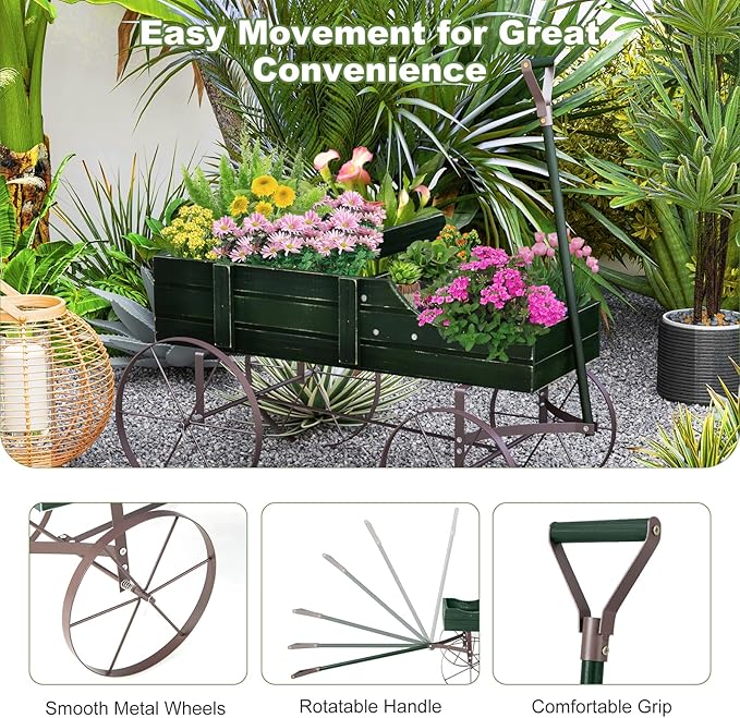 HAPPYGRILL Wooden Wagon Planter, 24.5” x 13.5” x 24” Decorative Garden Planter w/ 2 Planting Sections, Wheels, Handle, Small Decorated Cart, Flower Planter Box for Indoor Outdoor Patio (Green)