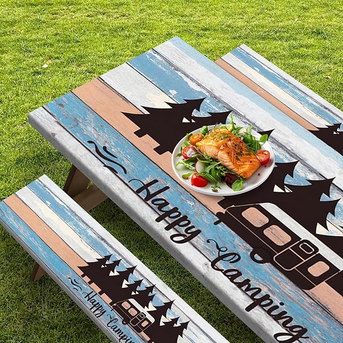 Picnic Table Cover with Bench Covers Elastic Edges, Blue Camper Fitted Table Cover, Outdoor Patio Camping Essentials 72 Inch 3PCS, Waterproof Camping Fitted Tablecloth with Drawstring Bag