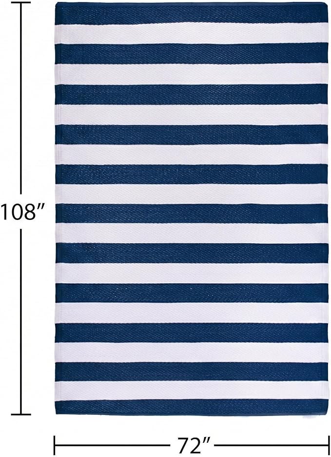 FH Home Outdoor Rug - Waterproof, Fade Resistant, Reversible - Premium Recycled Plastic - Striped - Large Patio, Deck, Sunroom, Camping, RV - Brittany Stripe - Blue & White Crease Free - 6 x 9 ft