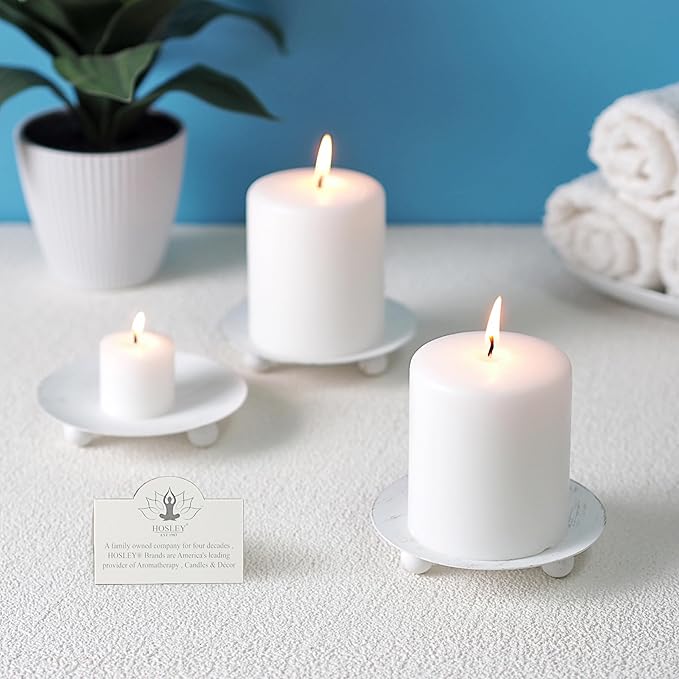 Hosley Set of 2 Whitewashed Iron Pillar Candle Holder Plates – 4-Inch Decorative Round Trays for Pillar Candles – Ideal for Weddings, Special Occasions, Home Décor, and Pedestal Displays