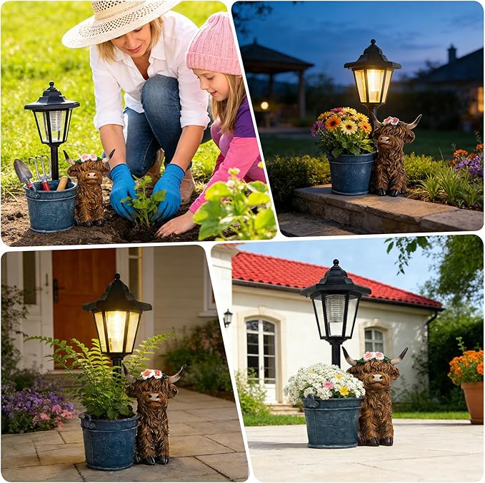 Solar Highland Cow Outdoor Statue, Garden Decor with Flowerpot & Lantern Highland Cow Figurines for Yard Art Lawn Ornaments Porch Patio Balcony - Gifts for Women Mom