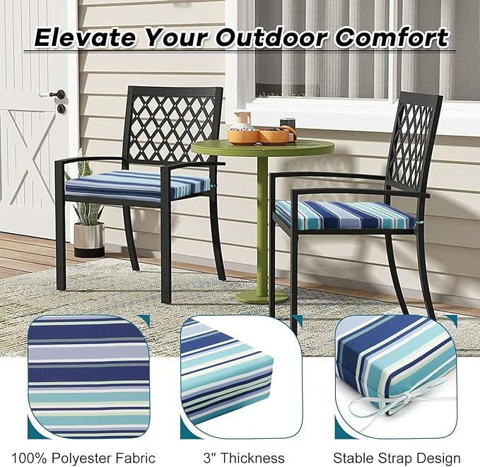 Basic Beyond Outdoor Chair Cushions Set of 6, Square Corner Outdoor Cushions for Patio Furniture, Water Resistant Patio Chair Cushions with 2 Ties, 18.5x16x3, Pinstriped Blue