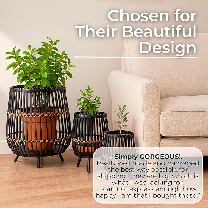 Set of 3 Woven Basket Decorative Planter Pot with Short Legs – Bamboo & Rattan Outdoor & Indoor Plant Pot – Modern Garden & Home Decor Planters – 13", 17", & 19", Black