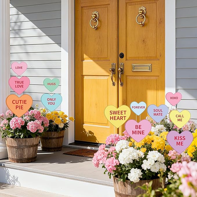 12 Pcs Valentine's Day Planter Stakes for Outdoor Valentine's Yard Decorations Conversation Heart Shaped Yard Signs Decorative Heart Garden Stakes for Outside Lawn Patio Porch Pot Decor