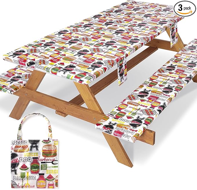 3 Piece Picnic Table Cover with Bench Covers Fitted Camping Table Cloths for 6Ft Tables Camper Travel Trailer Must Haves Motorhome Garden Tools Couple Wife Husband Boyfriend Girlfriend Gift