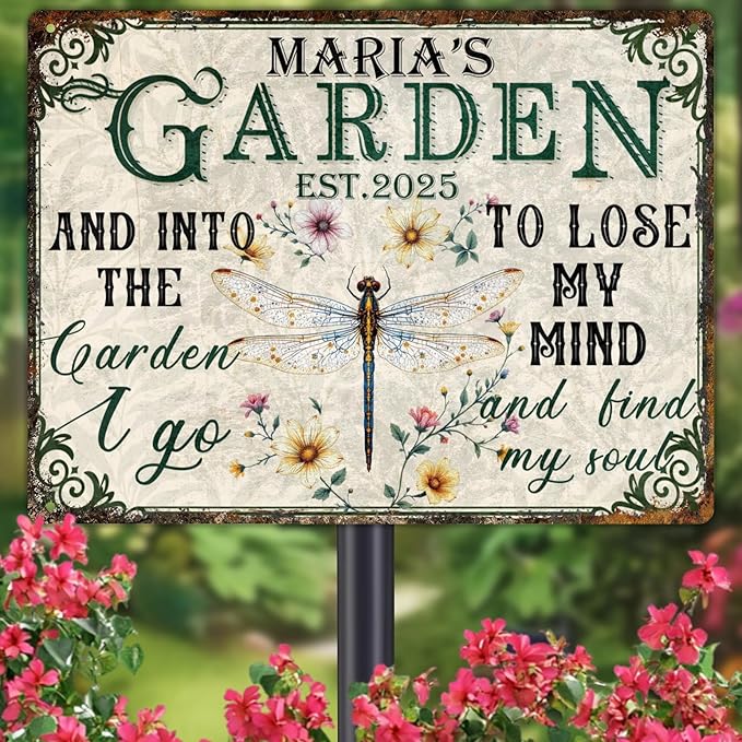 Custom Garden Signs Personalized Metal Tin Sign for Women, Retro Funny Dragonfly Metal Sign for Outdoor, Patio, Yard Rustic Home Decor Gift for Mothers Day, Grandmas, and Gardening Lovers