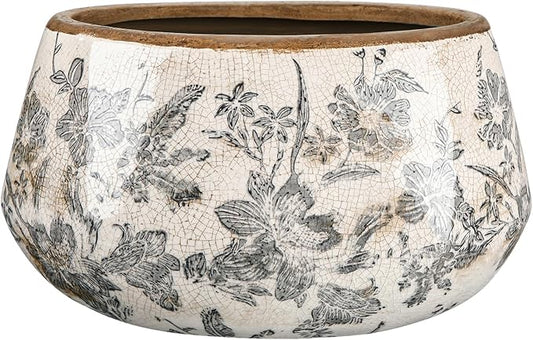 9.8 Inch Large Vintage Ceramic Planter Ice Crack Glaze Gray Floral Flower Pot with Drainage Holes Rustic Country Plant Pots Decorative Gifts for Home Kitchen Office Indoor Outdoor Plants