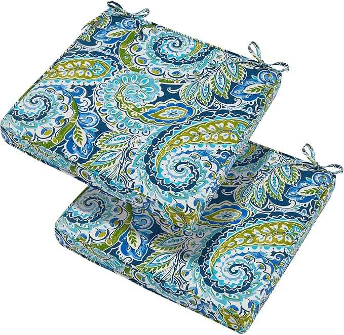 Magpie Fabrics Indoor Outdoor Waterproof Square Chair Cushion, 18" x 18" x 2.5", 2 Pack, Water Resistant Seat Cushions, for Patio Garden Office, Paisley Lapis Green