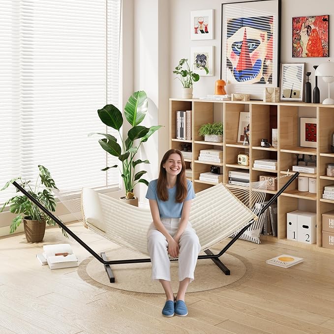 Double Hammock with Stand, 2 Person Portable Foldable Outdoor Hammock with Pad & Pillow, 450lb Capacity Heavy-Duty Hammock for Garden, Patio, Backyard, Off White