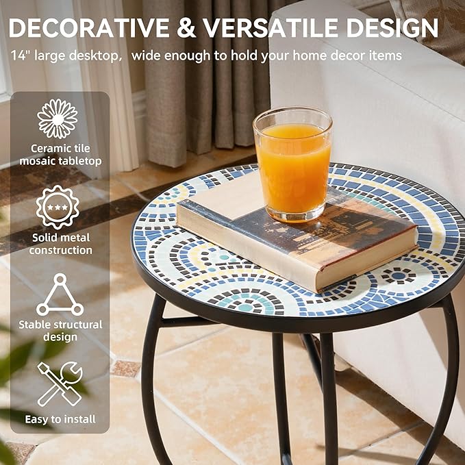 Side Table Outdoor, Mosaic Patio Table Plant Stand, 22" H Iron Coffee End Table,Weather Resistant Tile Top Metal Drink Bar Table for Indoor Garden Balcony Yard Bistro Balcony