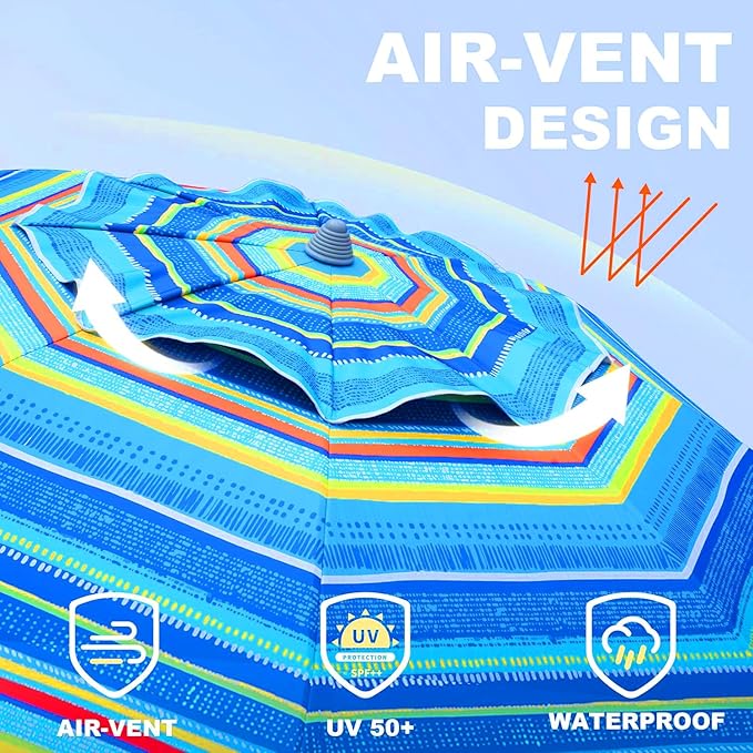 AMMSUN 7ft Heavy Duty Beach Umbrella with Sand Anchor, UV 50+ Protection, Outdoor Sunshade, Carry Bag, Patio Garden, Pool Backyard, Multicolor Green