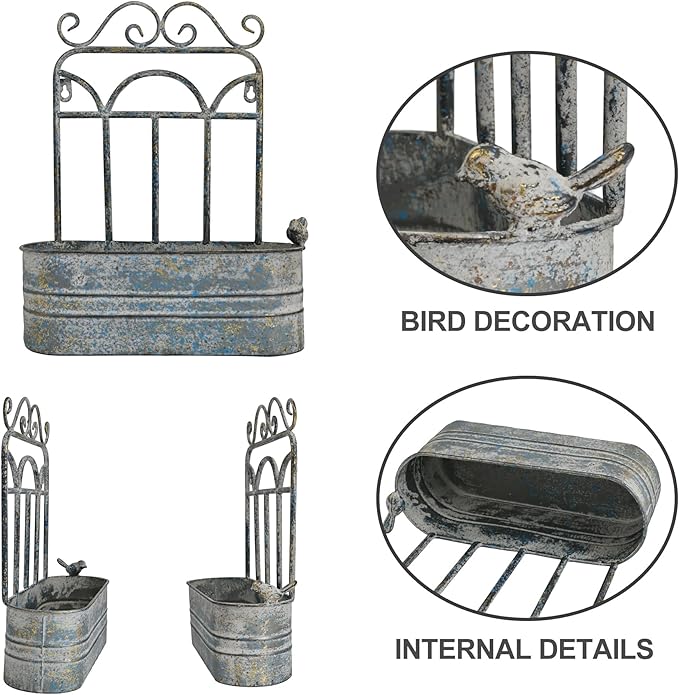 Vintage Rustic Wall Planter Distressed Grey Decor Iron Hanging Plant Basket Shabby Metal Wall Mounted Flower Holder Pot Stand for Indoor Outdoor Home Balcony Patio Farmhouse Garden Decorative Blue