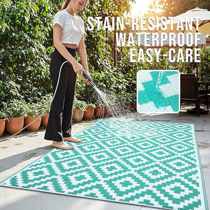 OLANLY Waterproof Outdoor Rug 5x8 ft, Outdoor Plastic Straw Rug for Camping, RV Mat Outside, Outdoor Carpet for Porch, Deck, Backyard, Balcony, Picnic, Turquoise & White