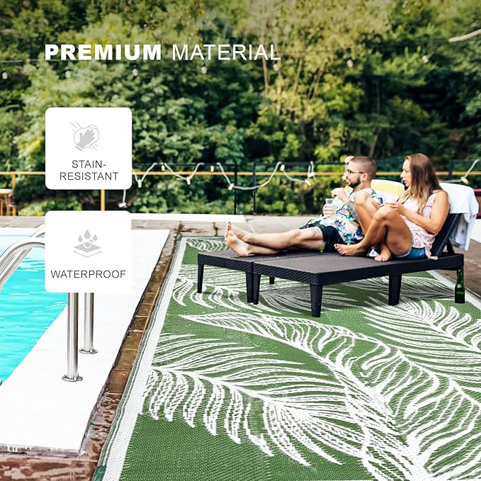 wikiwiki 6x9ft Outdoor Rug, Reversible Plastic Patio Rug Waterproof, Indoor Outdoor Carpet Clearance, Large Area Carpet for Patio Deck Balcony Pool RV Camping Beach Picnic, Green
